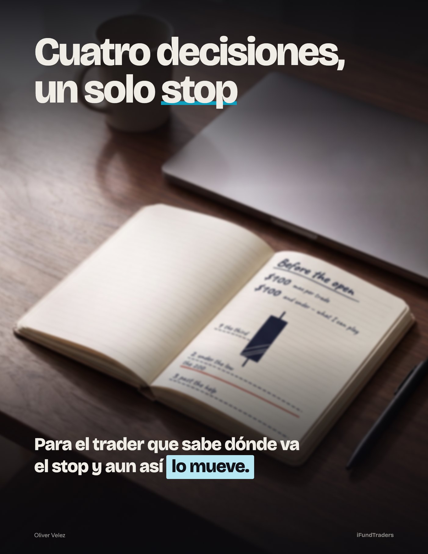 Cuatro decisiones, un solo stop: la portada de la guía, una libreta con el plan de trading escrito a mano