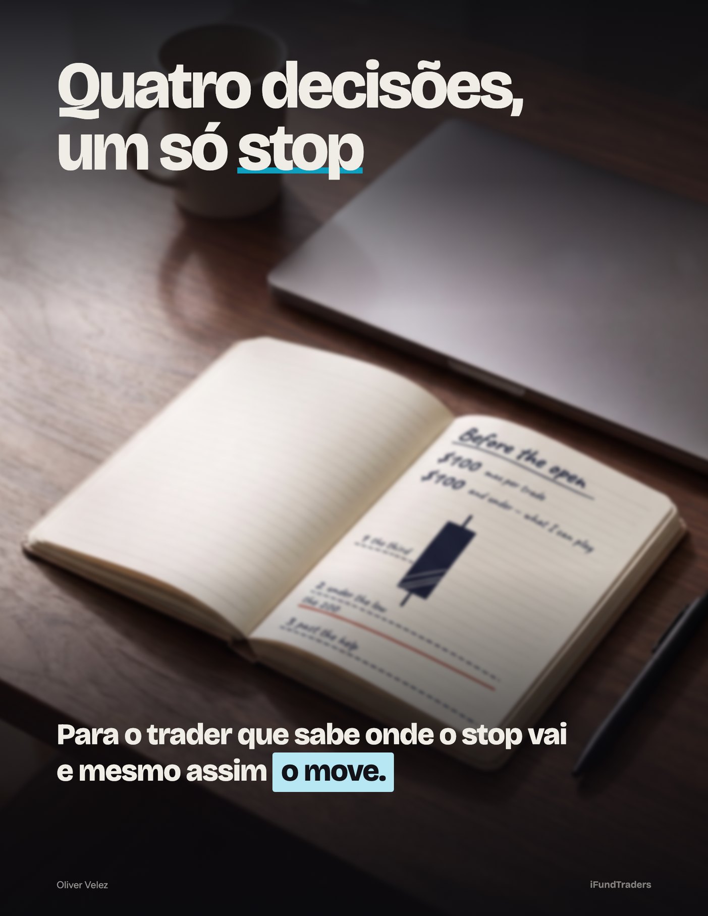 Quatro decisões, um só stop: a capa do guia, um caderno com o plano de trading escrito à mão